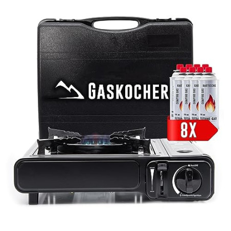 TruWare Camping Gaskocher Set mit 8 Gaskartuschen Campingkocher 1-flammig schwarz mit Koffer | Outdoor Gasgrill für Gas Kartu