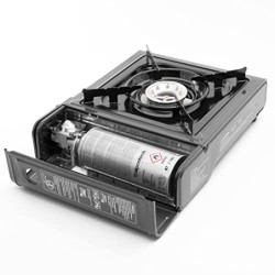 TruWare Camping Gaskocher Set mit 8 Gaskartuschen Campingkocher 1-flammig schwarz mit Koffer | Outdoor Gasgrill für Gas Kartu