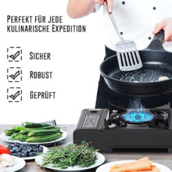 TruWare Camping Gaskocher Set mit 8 Gaskartuschen Campingkocher 1-flammig schwarz mit Koffer | Outdoor Gasgrill für Gas Kartu