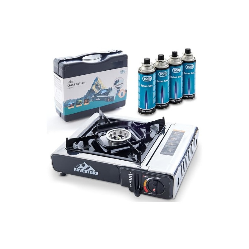 TOM Adventure Edelstahl Camping-Gaskocher mit 4 x Gaskartuschen und Koffer im Set – Piezo-Zündung – Campingkocher mit Gaskoch TOM Adventure Edelstahl Camping-Gaskocher mit 4 x Gaskartuschen und Koffer im Set – Piezo-Zündung – Campingkocher mit Gaskoch