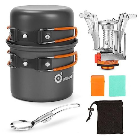 Odoland Camping Geschirr Set 6 PCS mit Mini Campingkocher Gaskocher Outdoor Kochgeschirr Aluminium Camping Topfe und Faltbare