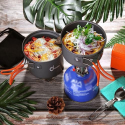 Odoland Camping Geschirr Set 6 PCS mit Mini Campingkocher Gaskocher Outdoor Kochgeschirr Aluminium Camping Topfe und Faltbare