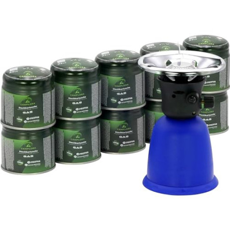 CAMPLORA Campingkocher mit Piezozündung mit 10 Stechgaskartuschen 190g Gaskocher, Propangaskocher, Butangaskocher