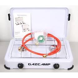 Gazcamp Gaskocher Campingkocher 2,4 kW 50 mBar 2 flammig Weiß mit Deckel 1/4" Linksgewinde-Anschluss mit Schlauch 80 cm und R