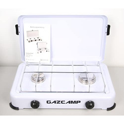Gazcamp Gaskocher Campingkocher 2,4 kW 50 mBar 2 flammig Weiß mit Deckel 1/4" Linksgewinde-Anschluss mit Schlauch 80 cm und R