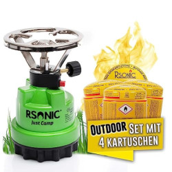 Rsonic Campingkocher Gaskocher Stechkartuschenkocher Kartuschenkocher mit Piezozündung Gasbrenner  Grün + 4 Kartsuchen 