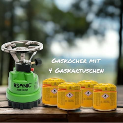 Rsonic Campingkocher Gaskocher Stechkartuschenkocher Kartuschenkocher mit Piezozündung Gasbrenner  Grün + 4 Kartsuchen 
