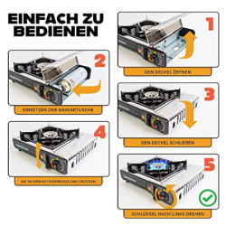 Greenpoint Gaskocher  Edelstahl  + 4 Kartuschen - Campingkocher mit Gaskartusche  4 Stück  ink.Tragekoffer mit 4 Gaskartusche