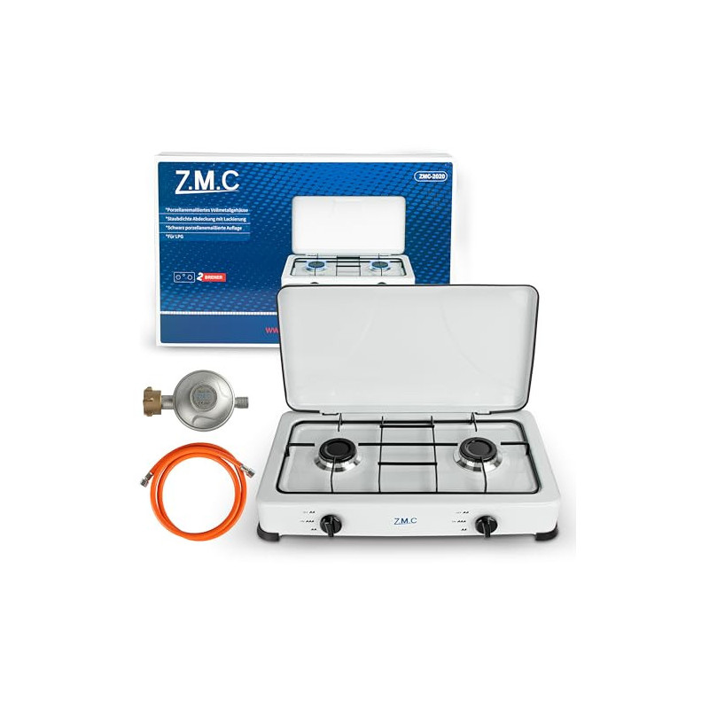 Z.M.C Gaskocher Campingkocher 2-Flammig Gasherd Kochfeld inkl. Schlauch + Regler, für Propan LPG Gasflasche, 2.2 kW je Brenne Z.M.C Gaskocher Campingkocher 2-Flammig Gasherd Kochfeld inkl. Schlauch + Regler, für Propan LPG Gasflasche, 2.2 kW je Brenne