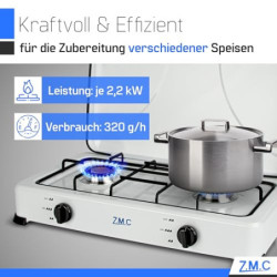 Z.M.C Gaskocher Campingkocher 2-Flammig Gasherd Kochfeld inkl. Schlauch + Regler, für Propan LPG Gasflasche, 2.2 kW je Brenne