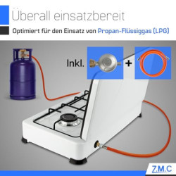 Z.M.C Gaskocher Campingkocher 2-Flammig Gasherd Kochfeld inkl. Schlauch + Regler, für Propan LPG Gasflasche, 2.2 kW je Brenne