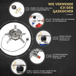 Bulin Campingkocher 6800W Faltbar,Gaskocher mit Piezozündung, Outdoor Kocher mit Adapter,Edelstahl Belastbarkeit 75KG für Hik