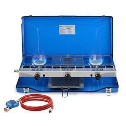 CAMPLUX JK-5330-DE Campingkocher 3-Flammig mit Deckel, 4.5kW Camping Gaskocher mit 50mbar Gasregler, Butan/Propan, Winddicht