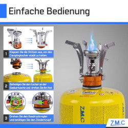 Z.M.C Klappbarer Campingkocher 3200W + 4x Gaskartuschen 300g, Mini Gaskocher Set für Outdoor Aktivitäten, Campinggaskocher fa
