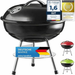 Micro BBQ Campinggrill Kugelgrill Mini Grill. Kompakter Reise Holzkohle-Grill Tischgrill Edelstahl emailliert 38cm  Schwarz 