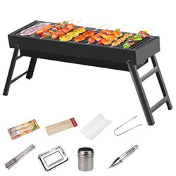 Lixiin Holzkohlegrill Camping Grill Holzkohle, Klappgrill Tragbarer Grill, 60x 23x 34 cm, mit 8pcs/set BBQ Zubehör Paket für 