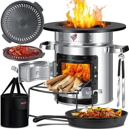 KESSER® Raketenofen inkl. Grillpfanne aus Gusseisen, Grillplatte, Grillzange & Tragetasche | Dutch Oven BBQ Rakete Holzofen C