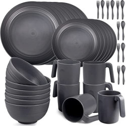 Greentainer Geschirrsets aus Kunststoff  36pcs  | Leicht und Unzerbrechlich Camping Geschirr Set mit Besteck,Teller, Schüssel