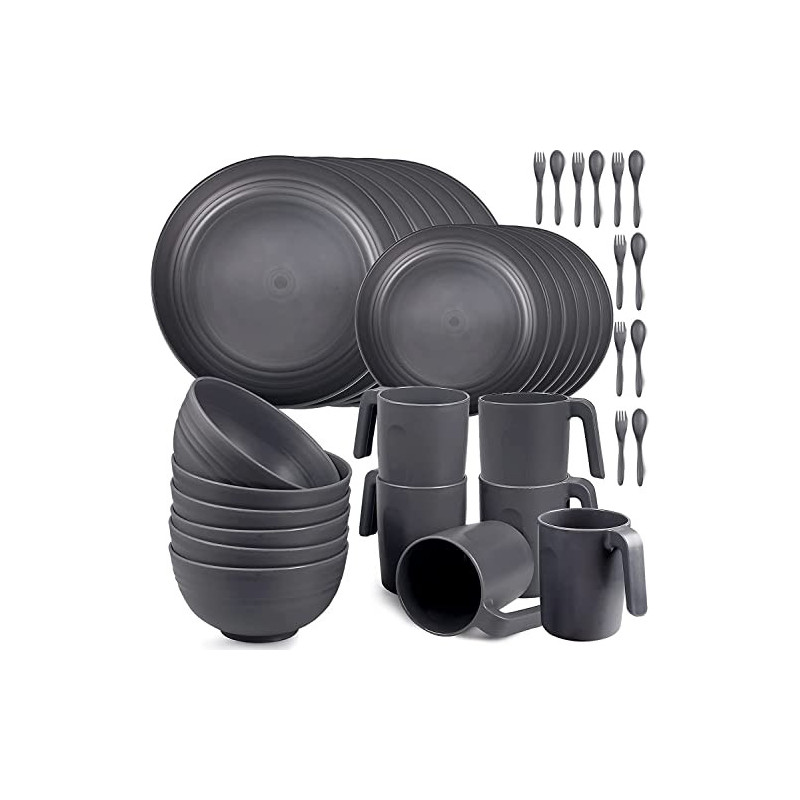 Greentainer Geschirrsets aus Kunststoff  36pcs  | Leicht und Unzerbrechlich Camping Geschirr Set mit Besteck,Teller, Schüssel