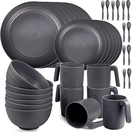 Greentainer Geschirrsets aus Kunststoff  36pcs  | Leicht und Unzerbrechlich Camping Geschirr Set mit Besteck,Teller, Schüssel