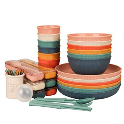 Unzerbrechliches Geschirr Set 6 Personen, 66 Teiliges Camping Geschirr Set Plastikgeschirr Picknick Geschirr Sets Leicht Bunt