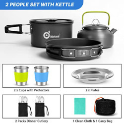 Odoland Camping Geschirr Set 17-teilige Kochset Topfen mit 0.8 L Teekessel Campingbesteck und Becher Leicht Aluminium Camping