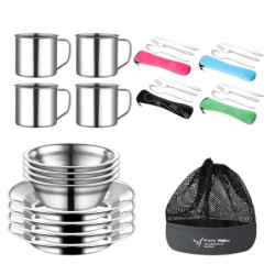 TAN REN Campingbesteck Set 4 Personen, 24 Teiliges Camping Geschirr Set Edelstahl, Picknick Camping Besteck Set, Outdoor Reis
