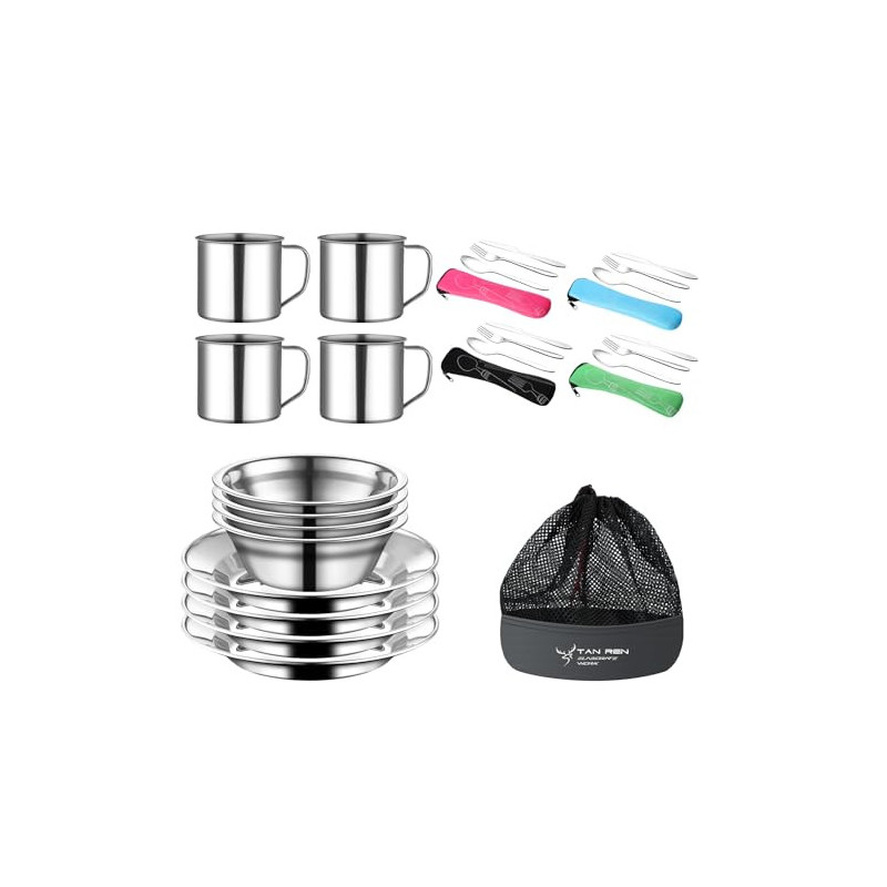 TAN REN Campingbesteck Set 4 Personen, 24 Teiliges Camping Geschirr Set Edelstahl, Picknick Camping Besteck Set, Outdoor Reis
