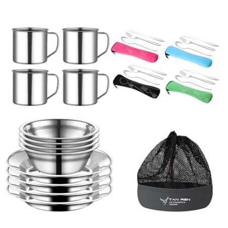 TAN REN Campingbesteck Set 4 Personen, 24 Teiliges Camping Geschirr Set Edelstahl, Picknick Camping Besteck Set, Outdoor Reis