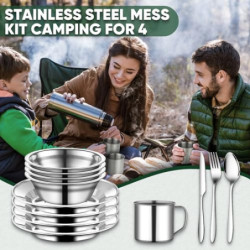 TAN REN Campingbesteck Set 4 Personen, 24 Teiliges Camping Geschirr Set Edelstahl, Picknick Camping Besteck Set, Outdoor Reis