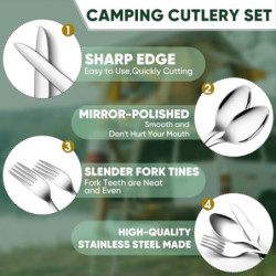 TAN REN Campingbesteck Set 4 Personen, 24 Teiliges Camping Geschirr Set Edelstahl, Picknick Camping Besteck Set, Outdoor Reis