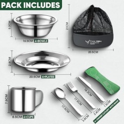 TAN REN Campingbesteck Set 4 Personen, 24 Teiliges Camping Geschirr Set Edelstahl, Picknick Camping Besteck Set, Outdoor Reis