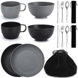 Berglander Campingbesteck Set 2 Stück, Wiederverwendbare Besteck-Sets Messer, Gabel, Löffel, Tassen und Teller und Schüsseln,