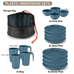 Odoland Unzerbrechliches Geschirr Set, Wiederverwendbar Camping Geschirr Set für 4 Personen, 17 Teiliges Plastikgeschirr Pick