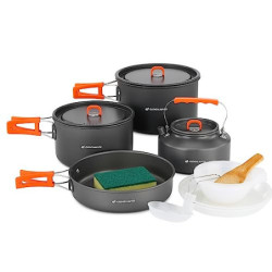Odoland Camping Geschirr Set 15 Teilig, Outdoor Kochgeschirr Set mit 2 Topfe, Bratpfanne und Wasserkocher Camping Kochtopf Se