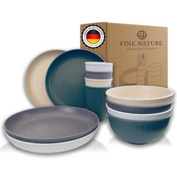 FineNature® Design Geschirrset 4 Personen – Wiederverwendbar Recyclebar - PP-Kunststoff, BPA-frei [12-Teilig] modernen Farben