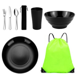Jeinbuil Camping Besteck Set Camping Geschirr Set wiederverwendbarer Leichter Becher, Schalen, Teller und Edelstahlbesteck mi