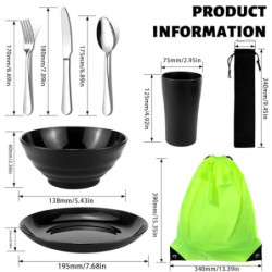 Jeinbuil Camping Besteck Set Camping Geschirr Set wiederverwendbarer Leichter Becher, Schalen, Teller und Edelstahlbesteck mi