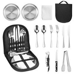 Camping Geschirr set 2 personen13-teilig, tragbar und langlebig, Edelstahl Outdoor-Geschirr für Camping, Picknick