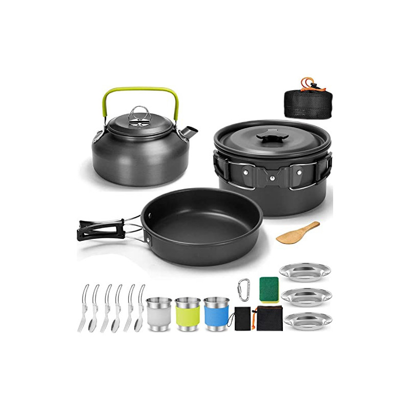 Camping Geschirr Set AUHOU Kochgeschirr Kochset Töpfen Aluminium mit Teekessel und 3 Sätze Faltbare Edelstahl Besteck Camping Camping Geschirr Set AUHOU Kochgeschirr Kochset Töpfen Aluminium mit Teekessel und 3 Sätze Faltbare Edelstahl Besteck Camping