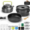 Camping Geschirr Set AUHOU Kochgeschirr Kochset Töpfen Aluminium mit Teekessel und 3 Sätze Faltbare Edelstahl Besteck Camping