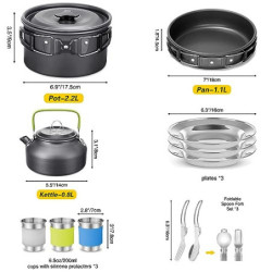 Camping Geschirr Set AUHOU Kochgeschirr Kochset Töpfen Aluminium mit Teekessel und 3 Sätze Faltbare Edelstahl Besteck Camping
