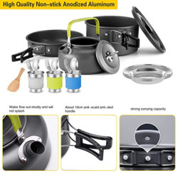 Camping Geschirr Set AUHOU Kochgeschirr Kochset Töpfen Aluminium mit Teekessel und 3 Sätze Faltbare Edelstahl Besteck Camping