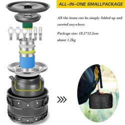 Camping Geschirr Set AUHOU Kochgeschirr Kochset Töpfen Aluminium mit Teekessel und 3 Sätze Faltbare Edelstahl Besteck Camping