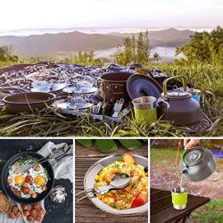 Camping Geschirr Set AUHOU Kochgeschirr Kochset Töpfen Aluminium mit Teekessel und 3 Sätze Faltbare Edelstahl Besteck Camping