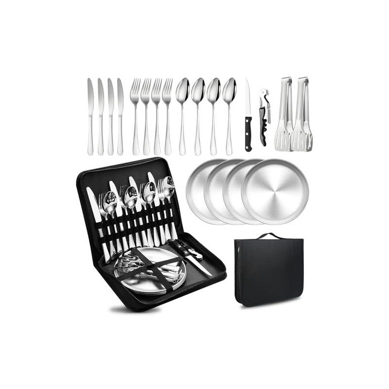 Camping Besteckset 4 Person, 20 PCS Picknick-Teller und Utensilien-Set, Tragbares Geschirr, Edelstahl-Besteck-Kombination mit