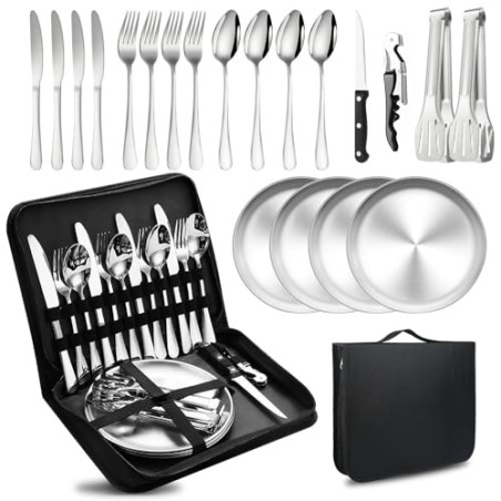 Camping Besteckset 4 Person, 20 PCS Picknick-Teller und Utensilien-Set, Tragbares Geschirr, Edelstahl-Besteck-Kombination mit