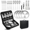Camping Besteckset 4 Person, 20 PCS Picknick-Teller und Utensilien-Set, Tragbares Geschirr, Edelstahl-Besteck-Kombination mit