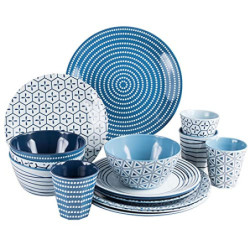 Camping Geschirr Set 4 Personen, Blau-Weiss, Melamin Geschirr Set, Camping-Geschirr, Wohnmobil Geschirr, Becher Kombiservice 
