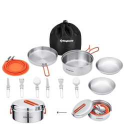 KingCamp Camping Geschirr Set 2-4 Personen I Camping Kochgeschirr aus Edelstahl I Camping Töpfe mit Faltbare Besteck I Ultral